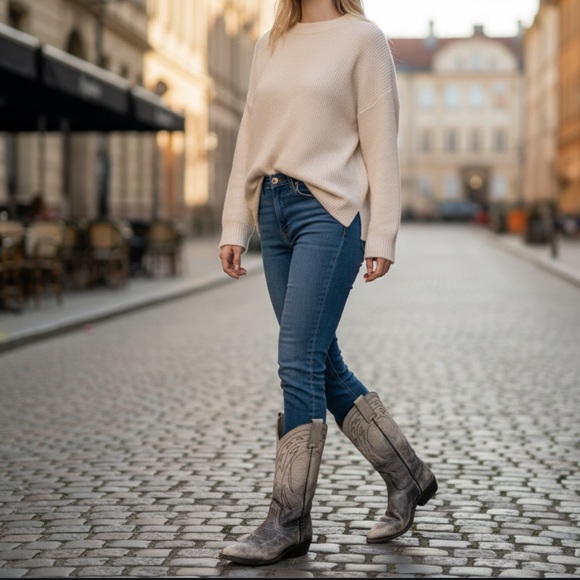$499 Frye Billy Pull On Ombre Distressed Vintage Black White Western Cowboy Boot - Picture 2 of 13